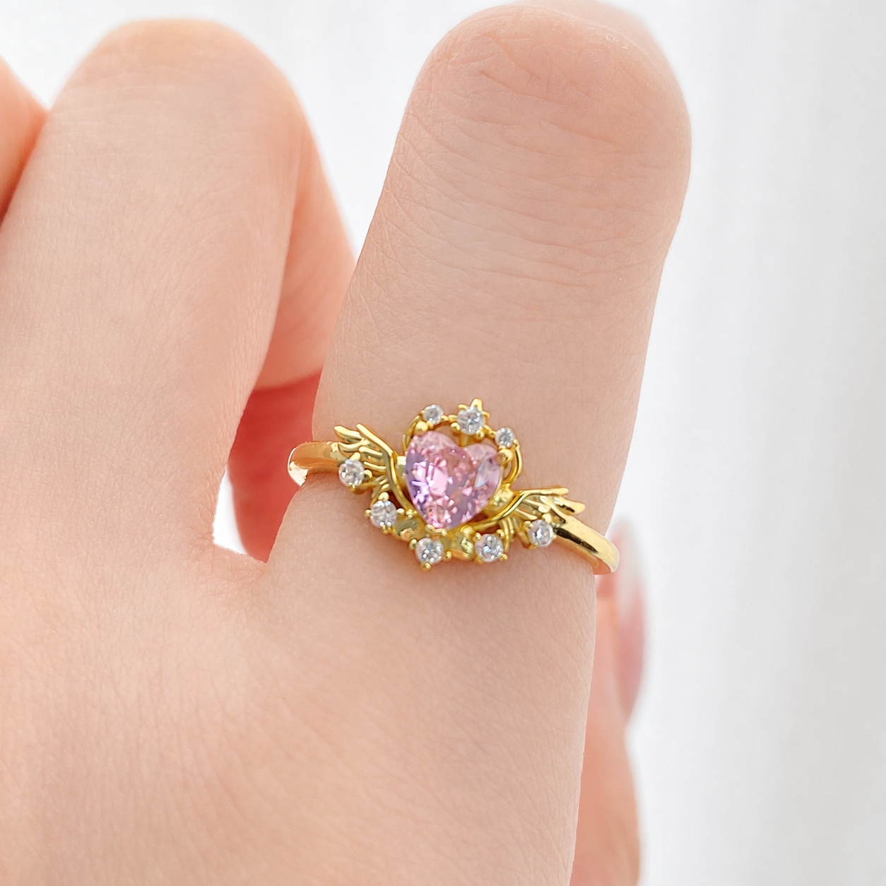 “Winged Heart” S925 Sterling Silver Pink Heart Angel Wing Adjustable Ring