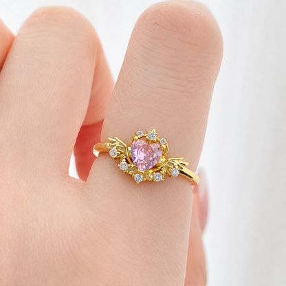 “Winged Heart” S925 Sterling Silver Pink Heart Angel Wing Adjustable Ring