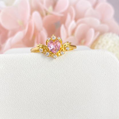 “Winged Heart” S925 Sterling Silver Pink Heart Angel Wing Adjustable Ring