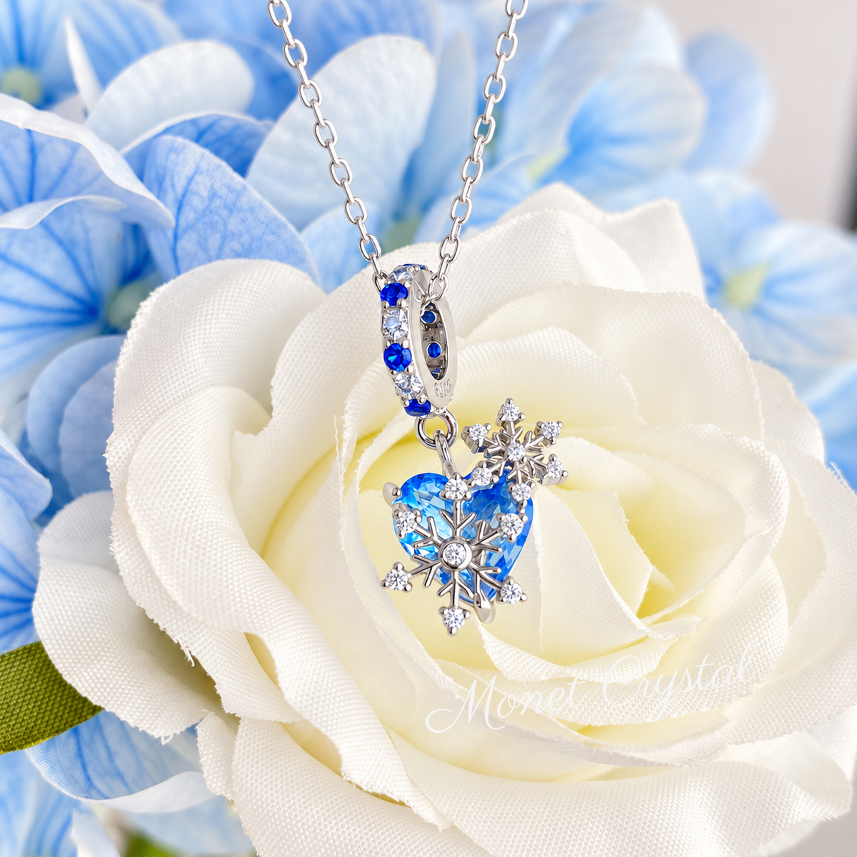 “Winter Embrace” White Gold Plated S925 Sterling Silver Blue Zircon Snowflake Heart Necklace
