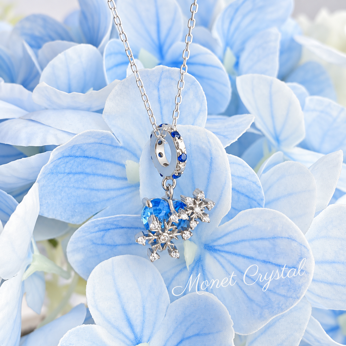 “Winter Embrace” White Gold Plated S925 Sterling Silver Blue Zircon Snowflake Heart Necklace