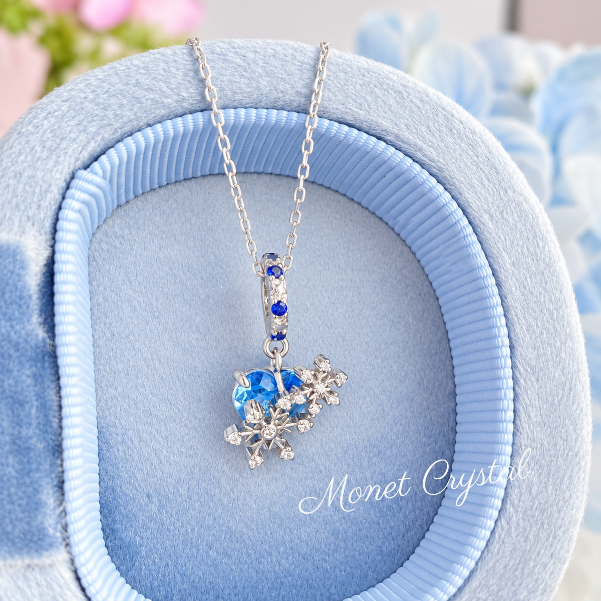 “Winter Embrace” White Gold Plated S925 Sterling Silver Blue Zircon Snowflake Heart Necklace
