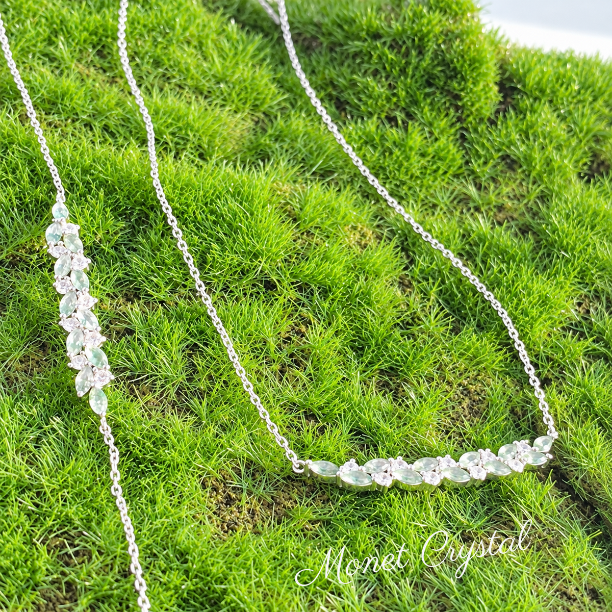 “Wisteria Vine” White Gold Plated S925 Sterling Silver Moss Agate Necklace & Bracelet Set
