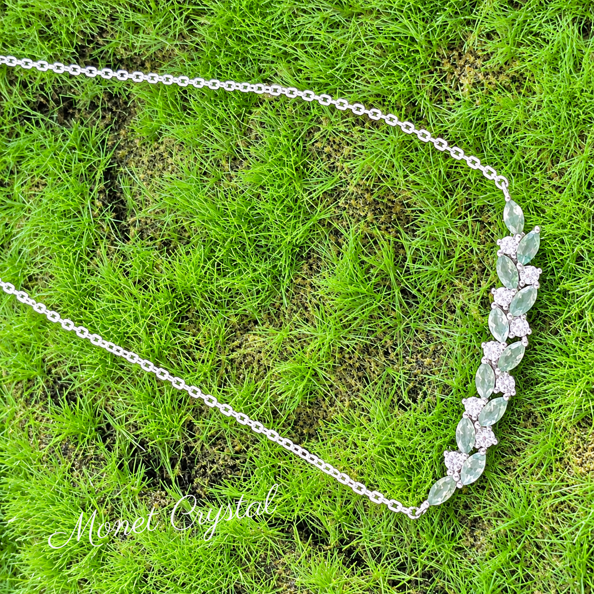 “Wisteria Vine” White Gold Plated S925 Sterling Silver Moss Agate Necklace & Bracelet Set