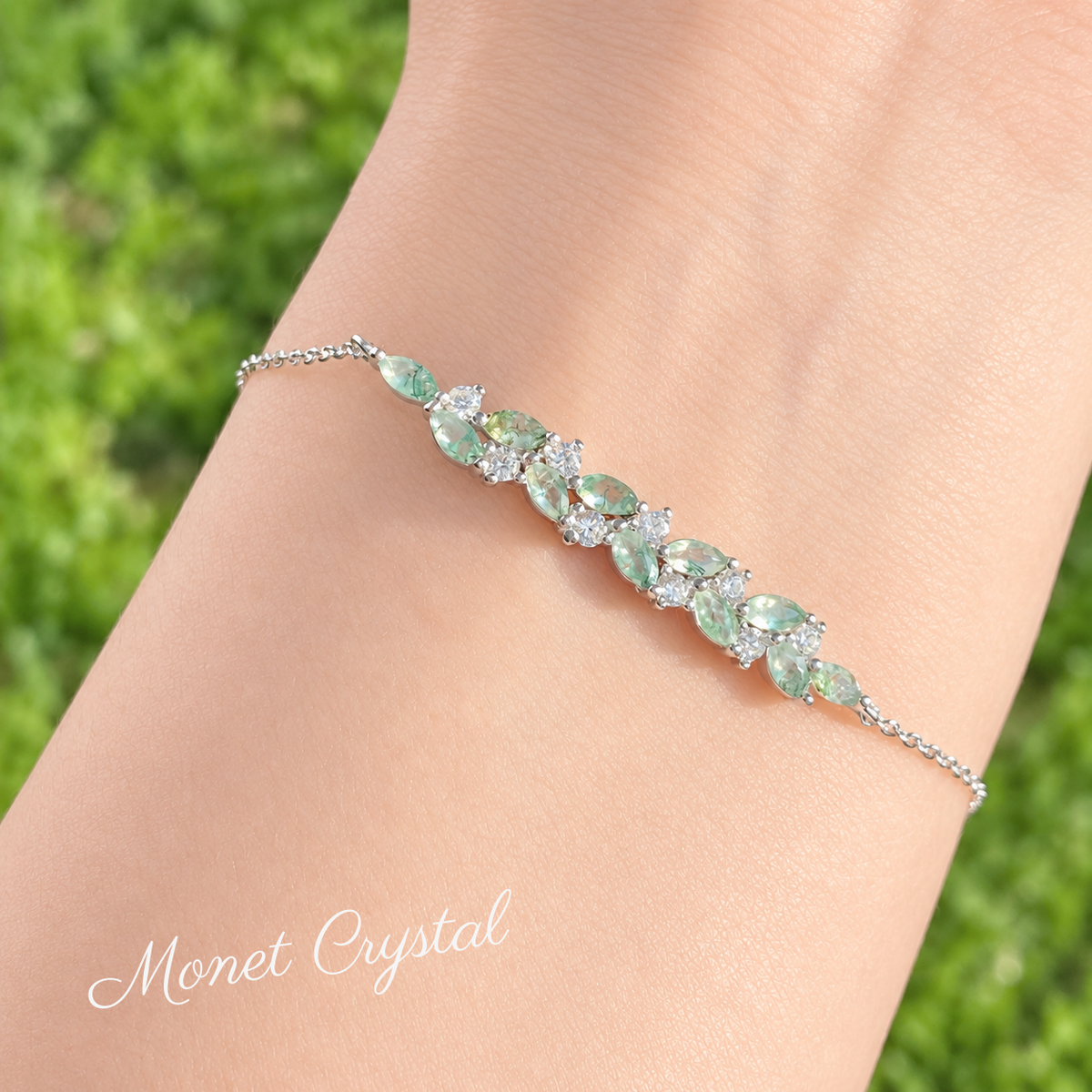“Wisteria Vine” White Gold Plated S925 Sterling Silver Moss Agate Necklace & Bracelet Set