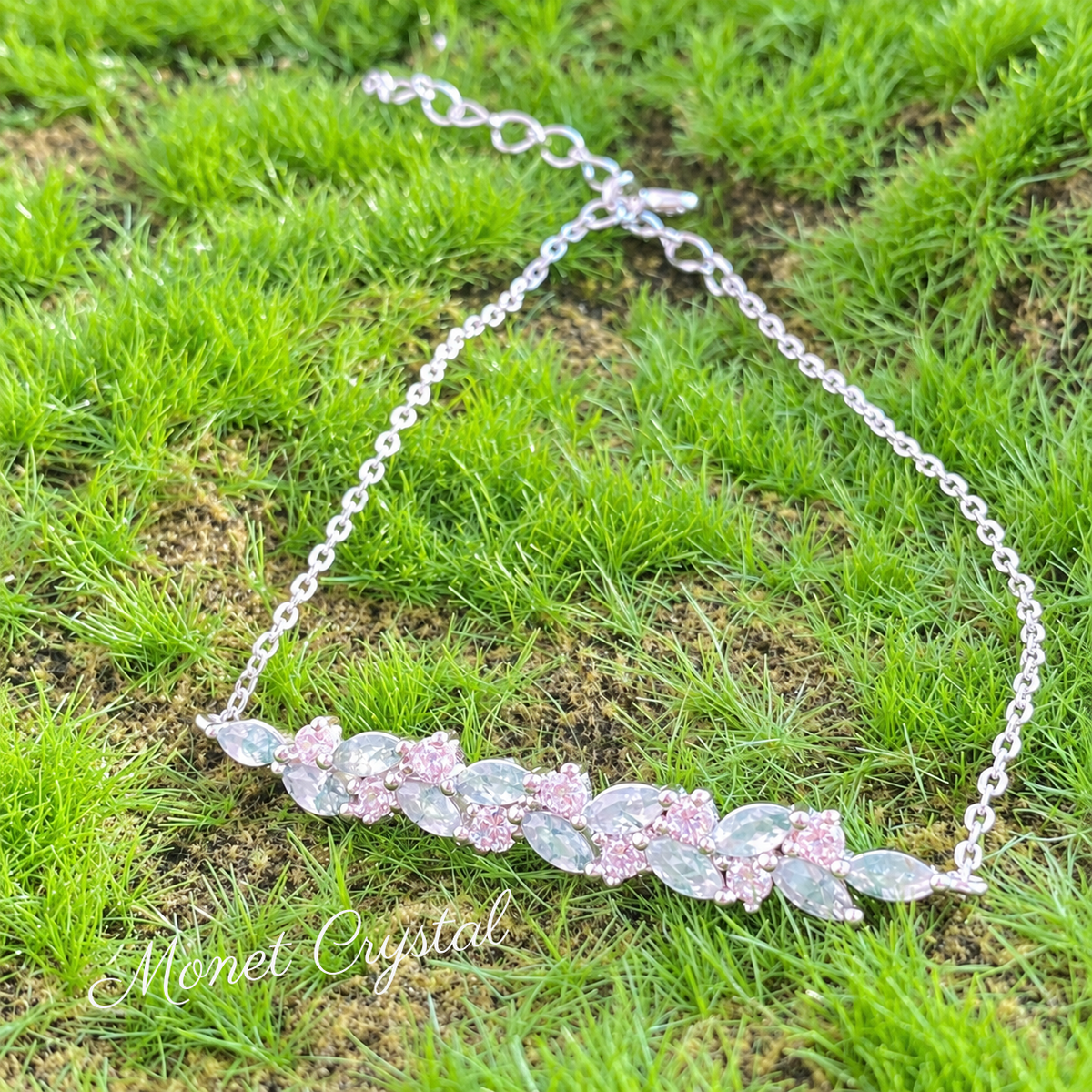 “Wisteria Vine” White Gold Plated S925 Sterling Silver Moss Agate Necklace & Bracelet Set