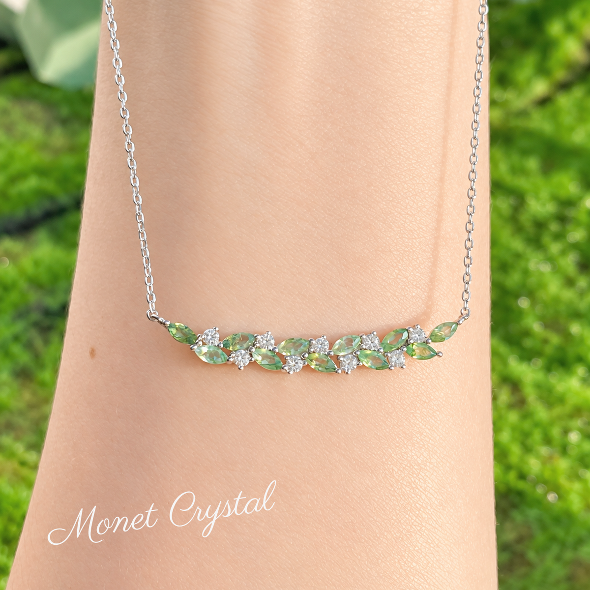 “Wisteria Vine” White Gold Plated S925 Sterling Silver Moss Agate Necklace & Bracelet Set