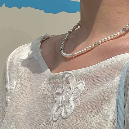 "Yingluo" 925 Sterling Silver Necklace with Pearls and Czech Beads - Unique and Gentle