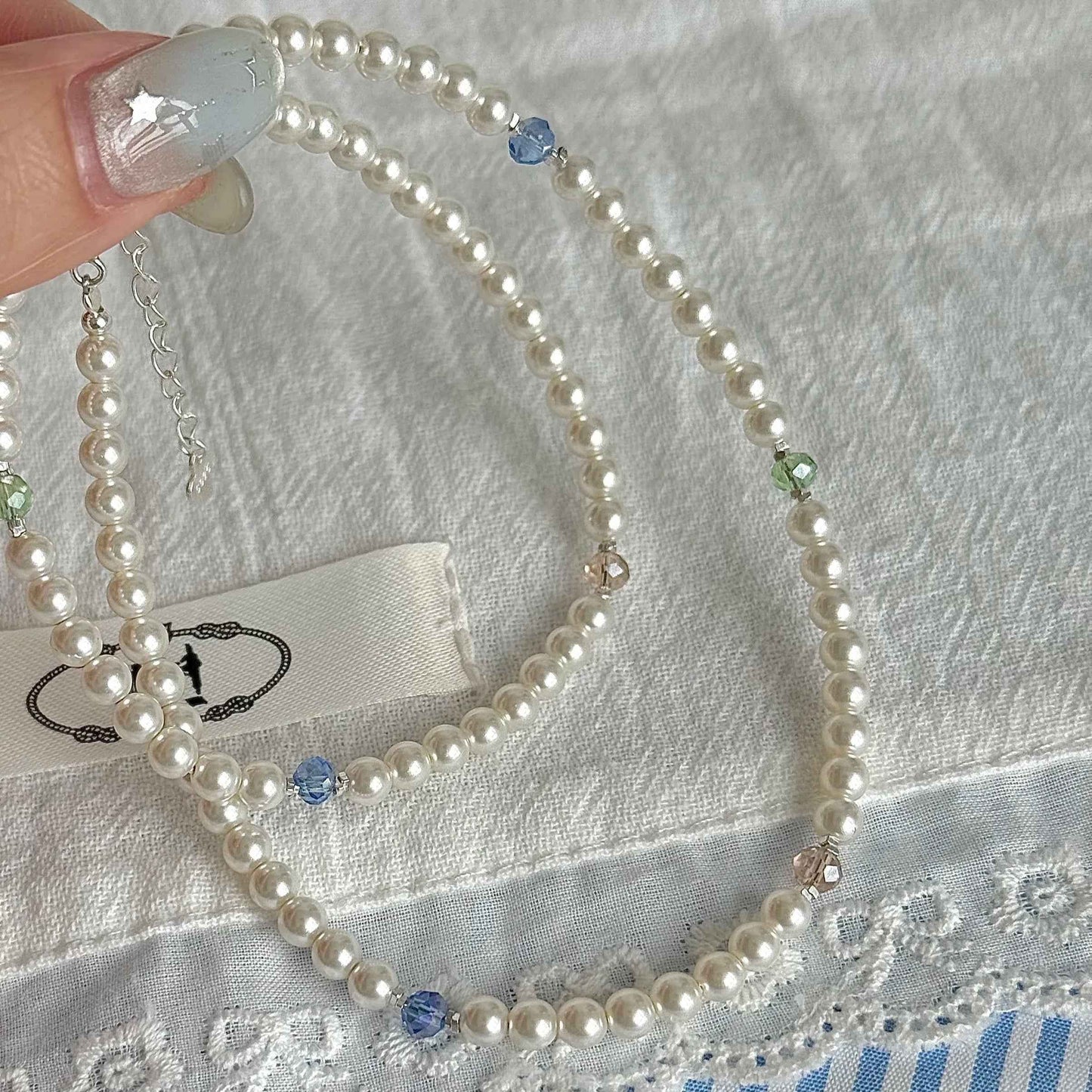 "Yingluo" 925 Sterling Silver Necklace with Pearls and Czech Beads - Unique and Gentle