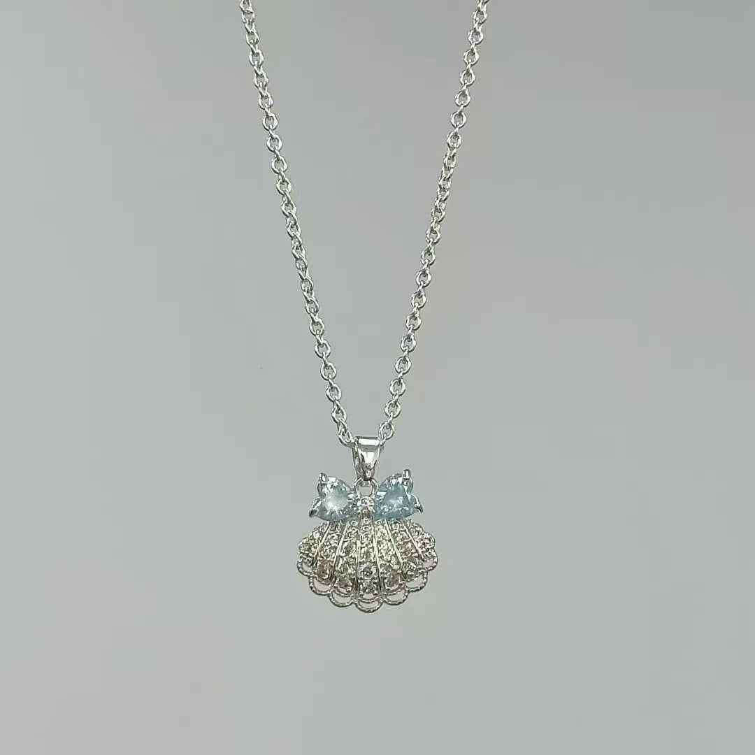 “Aqua Shell Bow” S925 Sterling Silver Shell Bow Jewelry Set (Necklace & Earrings)