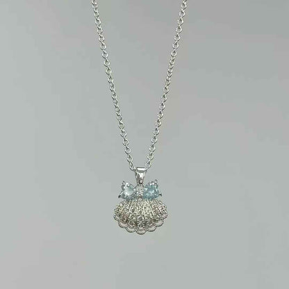 “Aqua Shell Bow” S925 Sterling Silver Shell Bow Jewelry Set (Necklace & Earrings)