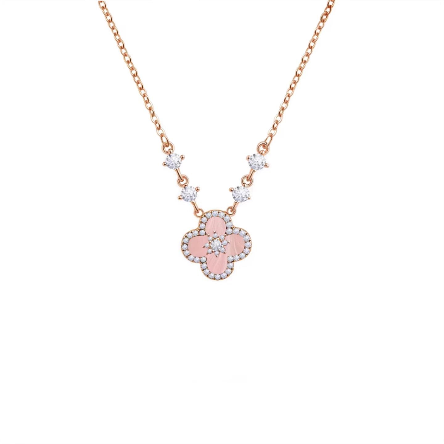 「春の開花の約束」ピンククローバー マザーオブパール ブレスレット | ネックレス、925スターリングシルバー