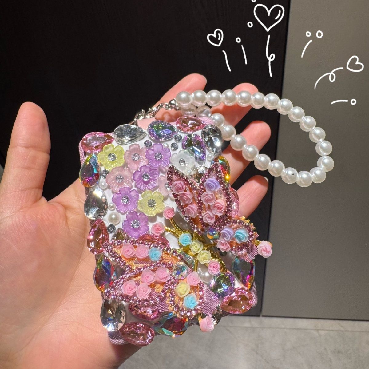 Crystal Butterfly Heart Compact Mirror Keychain & Bag Charm