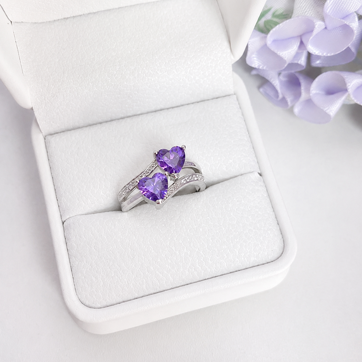 “Violet Duet” S925 Sterling Silver Double Heart Zircon Ring