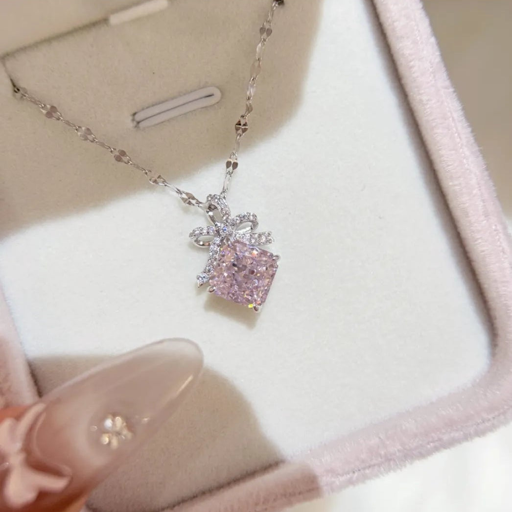 “Blush Ribbon” S925 Sterling Silver Pink Ice-Cut Bow Jewelry Set (Necklace & Earrings)